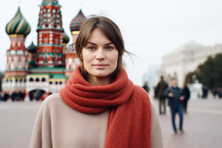 Portrait of a young woman on the background of the Moscow Kremlinの素材