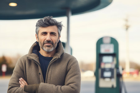 Handsome middle-aged man standing with crossed arms at gas stationの素材