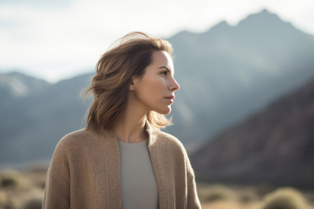 Portrait of a beautiful woman in the mountains, looking away.の素材