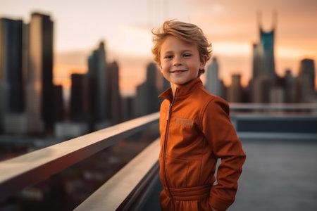Portrait of a cute little boy in an orange jumpsuit on the roof of a skyscraperの素材