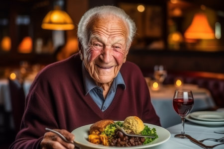 Portrait of senior man with plate of food and wine in restaurantの素材