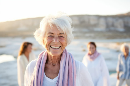Portrait of happy senior woman with friends on background at the beachの素材