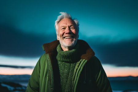 Portrait of senior man with gray hair and beard smiling at camera in winterの素材
