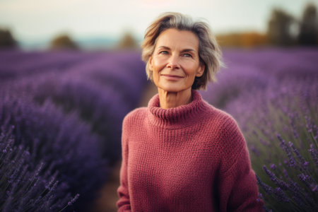 Portrait of happy senior woman standing in lavender field at sunsetの素材