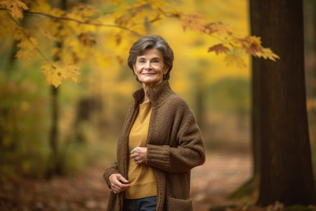 Portrait of a smiling senior woman in the autumn park. Selective focus.の素材