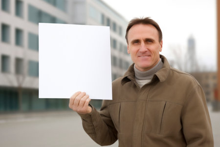 Handsome man holding a blank white sheet of paper on the streetの素材
