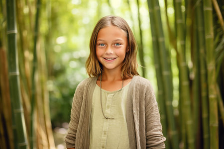 Portrait of a cute little girl in a bamboo forest looking at cameraの素材