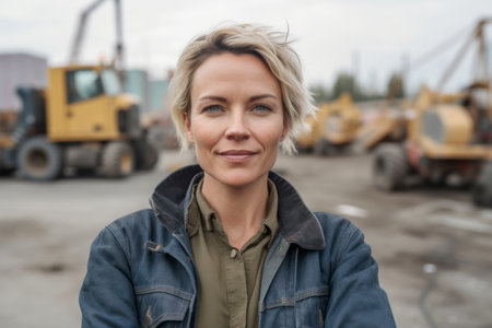 Portrait of a beautiful blonde woman in front of a construction siteの素材