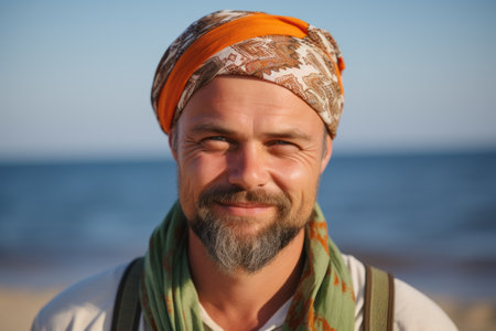 Portrait of a handsome mature man wearing headscarf on the beachの素材