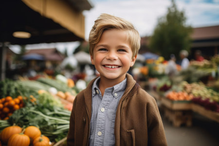 Portrait of a smiling little boy at the vegetable market in autumnの素材
