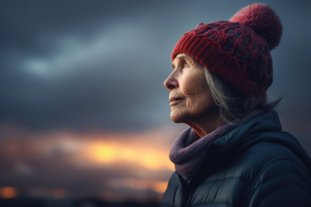 Portrait of senior woman in winter clothes against the background of sunset.の素材