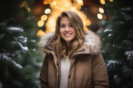 Portrait of a beautiful young woman in a brown coat on the background of a Christmas treeの素材