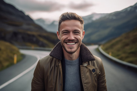 Portrait of a smiling young man standing on the road in the mountainsの素材