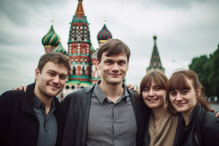 Three happy friends on the background of St. Basil's Cathedral in Moscowの素材