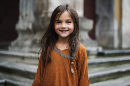 Portrait of a cute little girl with long hair smiling at the cameraの素材