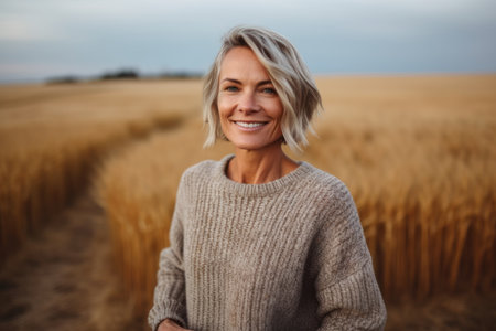 Portrait of a smiling middle aged woman standing in a wheat fieldの素材