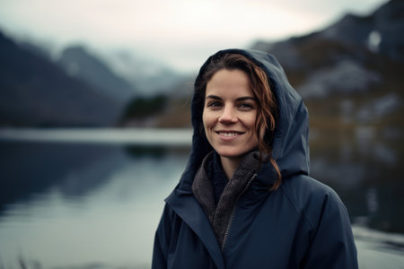 Portrait of a beautiful young woman in a raincoat on the shore of a mountain lakeの素材