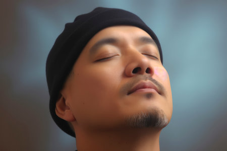 Asian man with black beanie and eyes closed on blue background.の素材
