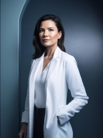 Portrait of a beautiful business woman in a white suit. Studio shot.の素材