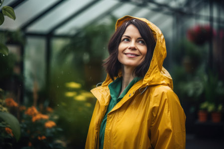Portrait of a beautiful woman in yellow raincoat standing in greenhouseの素材