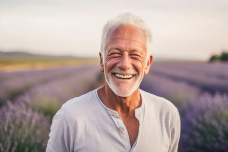 Portrait of happy senior man standing in lavender field and laughingの素材
