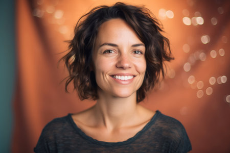 Portrait of a smiling young woman in front of a bokeh backgroundの素材