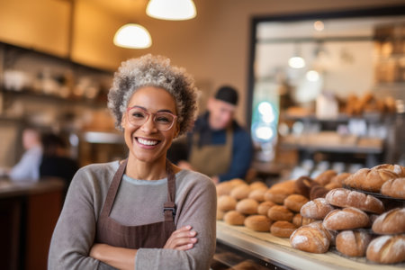 Portrait of smiling female staff standing with arms crossed in bakery shopの素材