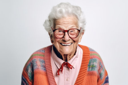 Portrait of a smiling senior woman wearing glasses and a warm sweaterの素材
