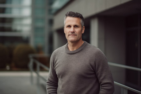 Portrait of a handsome mature man in a gray sweater standing outdoorsの素材