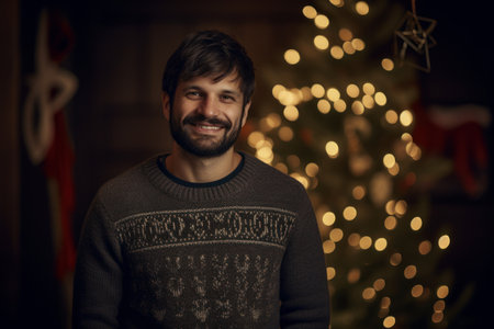 Portrait of a young man in a sweater with a Christmas tree in the backgroundの素材