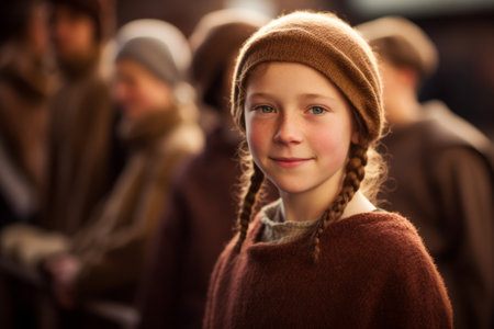 Portrait of a cute little girl in winter clothes looking at cameraの素材