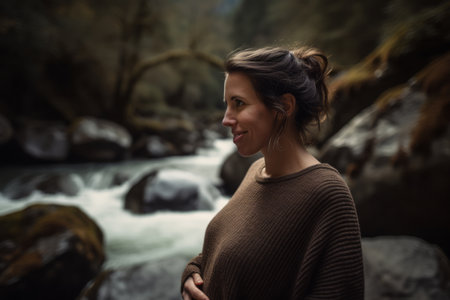 Young woman on the background of a mountain river. Toned.の素材
