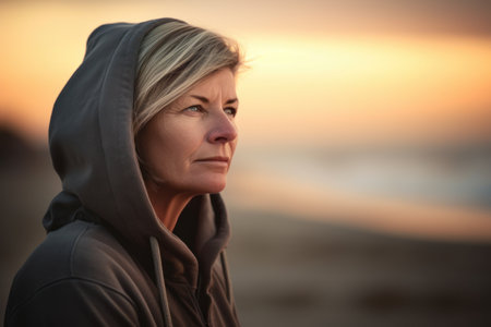 Portrait of a middle-aged woman in a hood on the beachの素材
