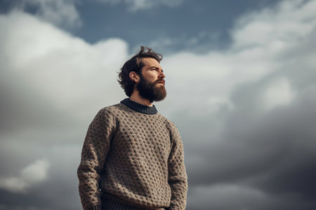 Portrait of a bearded man in a sweater on a cloudy sky backgroundの素材