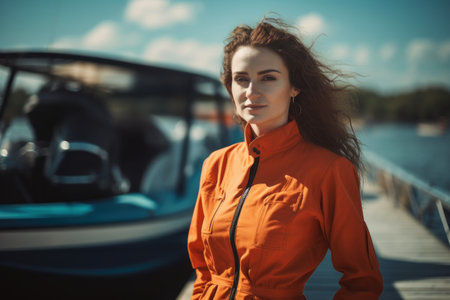 Beautiful young woman with long curly hair in orange jacket posing near boat.の素材