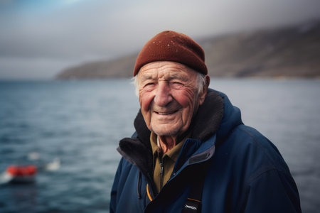 Portrait of an elderly man on a background of the sea.の素材