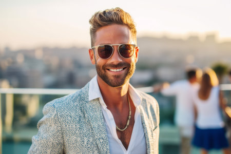 Portrait of a handsome young man in sunglasses on the roof of a skyscraperの素材