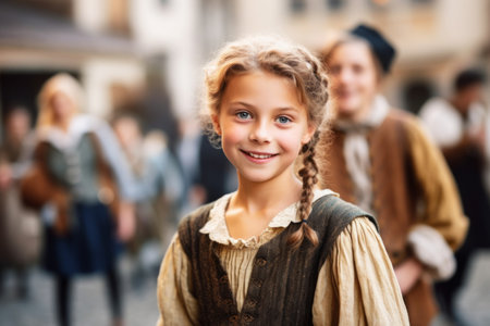 Portrait of smiling little girl in medieval costume on historical city streetの素材