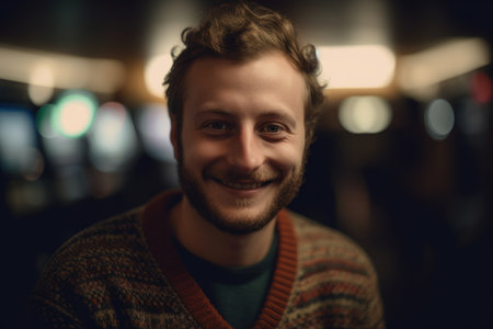 Portrait of a handsome young man with a beard in a sweaterの素材