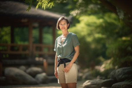 Asian senior woman in japanese garden, soft focus background.の素材