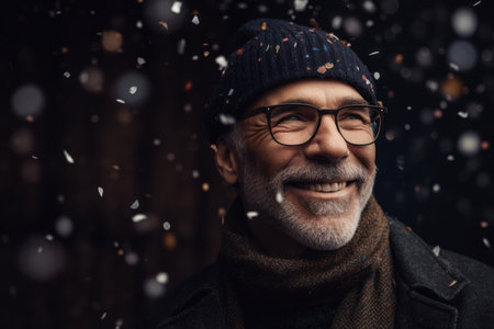 Portrait of a senior man with gray beard and glasses on a background of falling snow.の素材