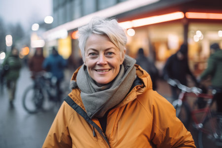 Portrait of a smiling senior woman on a city street at nightの素材