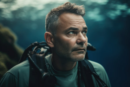 Portrait of a male scuba diver looking away while standing underwaterの素材