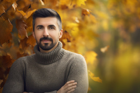Portrait of a handsome young man in a sweater in autumn parkの素材