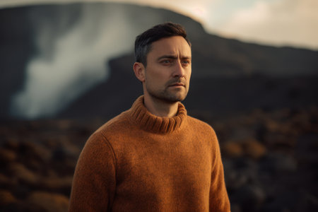 Portrait of a handsome young man in an orange sweater standing at the edge of a mountain.の素材