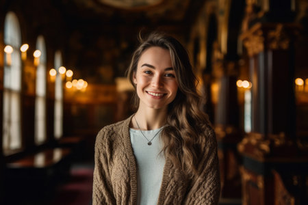 Portrait of a beautiful young woman in the interior of the churchの素材