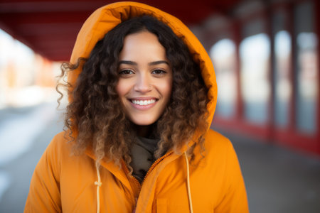 Portrait of a smiling young woman in a yellow jacket on the streetの素材