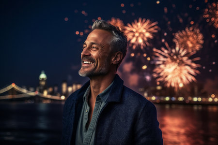 Cheerful mature man with fireworks in the background. New Year conceptの素材