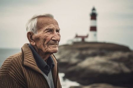 Portrait of an old man in front of a lighthouse on the rocksの素材