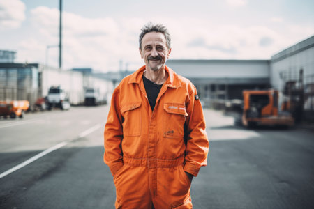 portrait of a mature man in an orange jumpsuit standing on the roadの素材